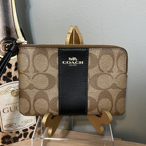 Coach Tan and Black Logo Wristlet - Picture 2 of 5